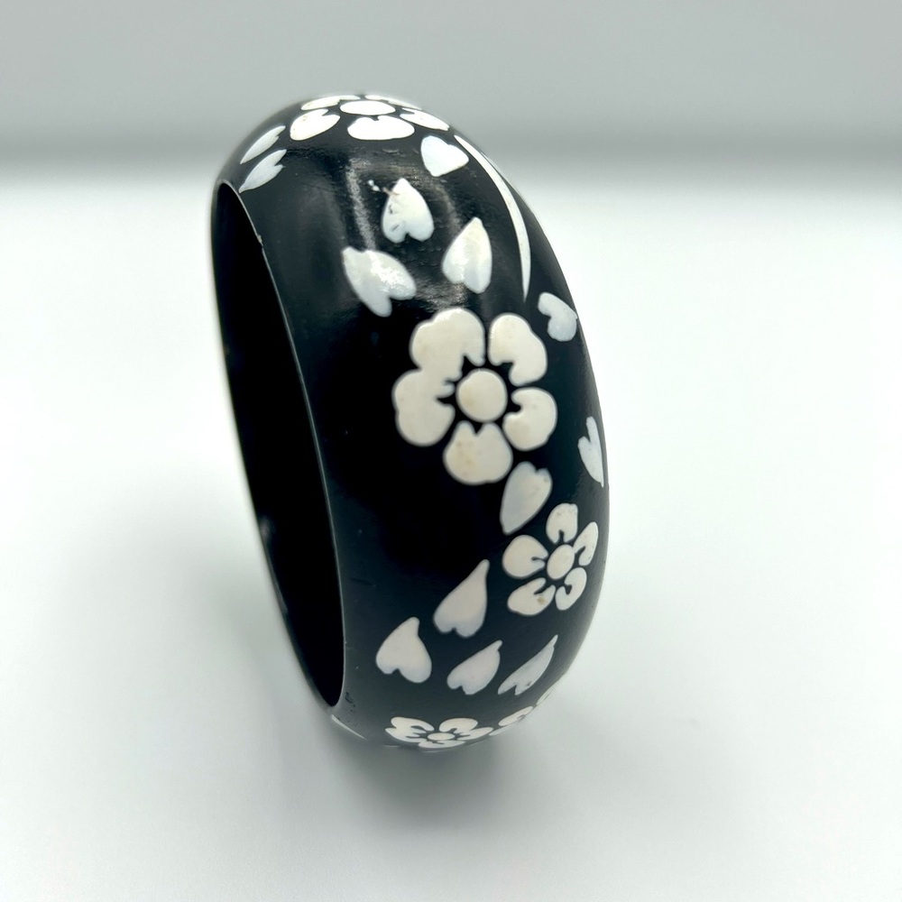 Floral Black and White Bangle Bracelet wood